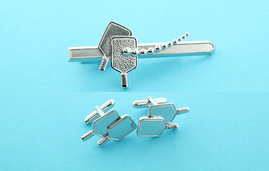 Item 60 Silver Pickleball cuff links and Tie bar combo