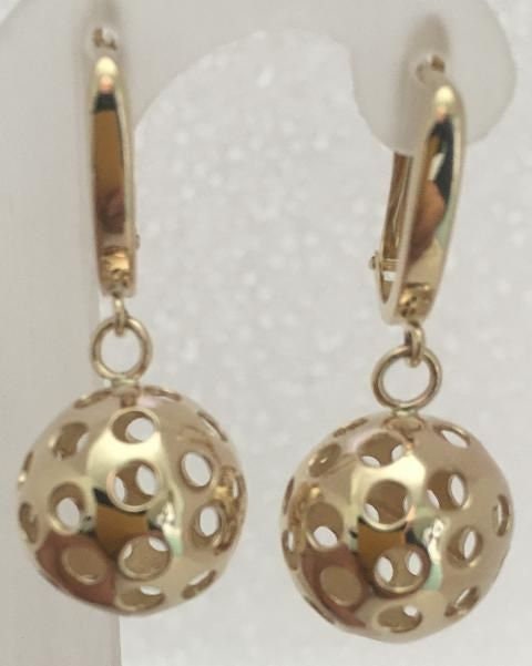 Item # 117  14 kt. gold, dangle pickle ball drop earrings.